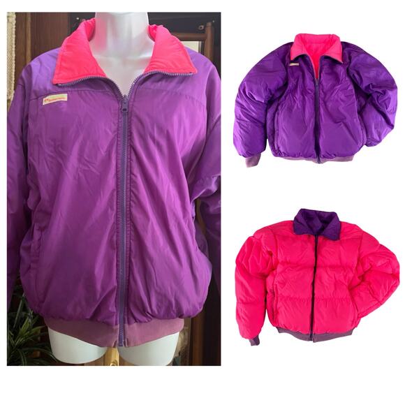 Vintage Columbia Reversible Down Puffer Jacket L Purple Pink 90s Ski Coat Retro - Picture 15 of 15